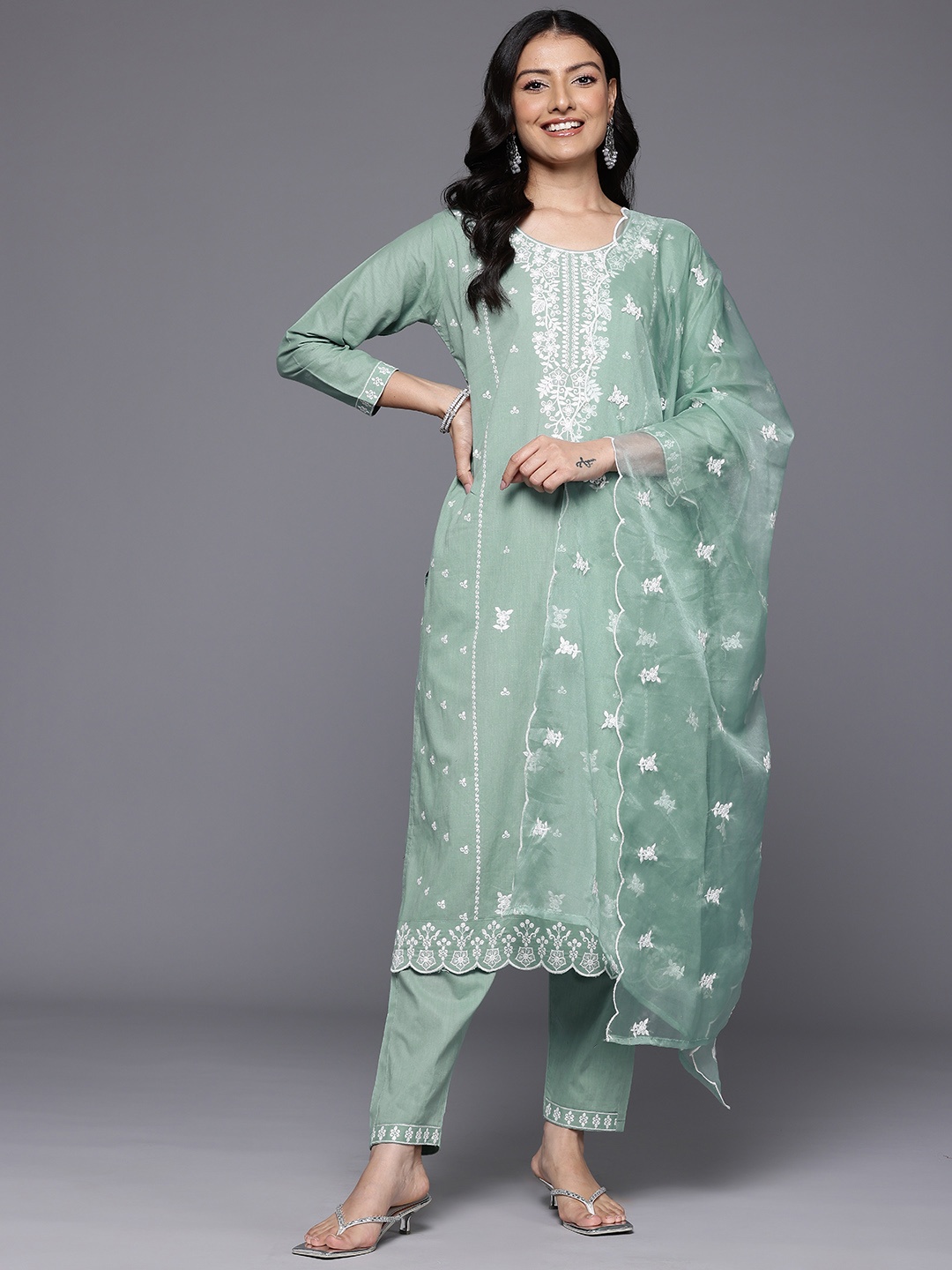 

Varanga Floral Embroidered Panelled Thread Work Pure Cotton Kurta With Trousers & Dupatta, Sea green