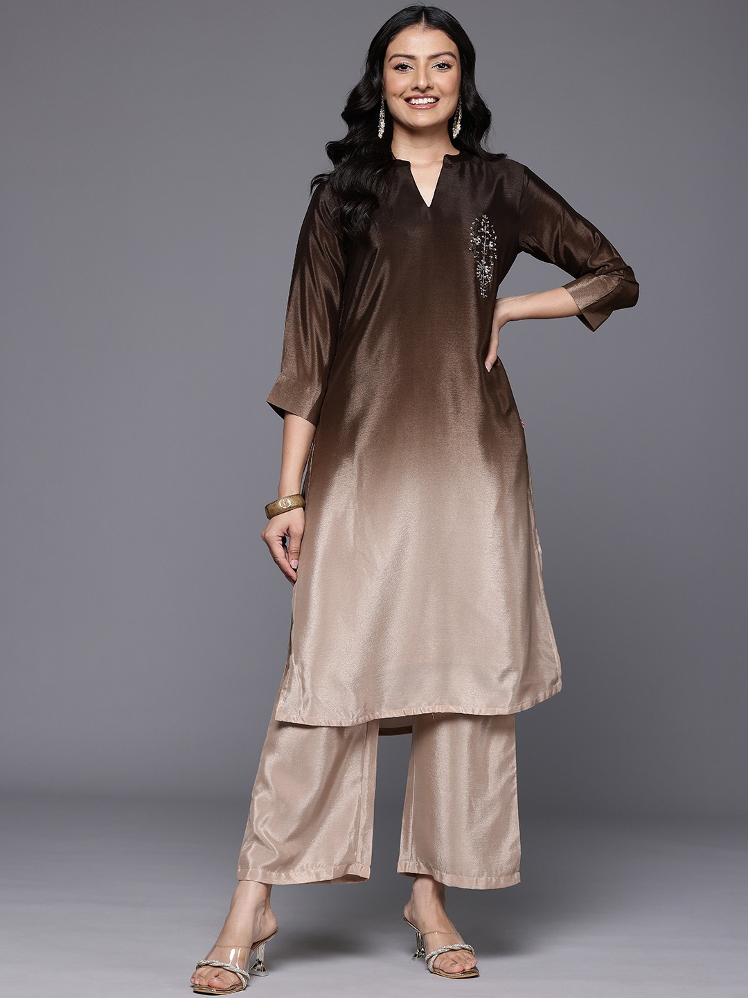 

Varanga Ombre Sequine Embroidered Kurta with Trouser, Camel brown