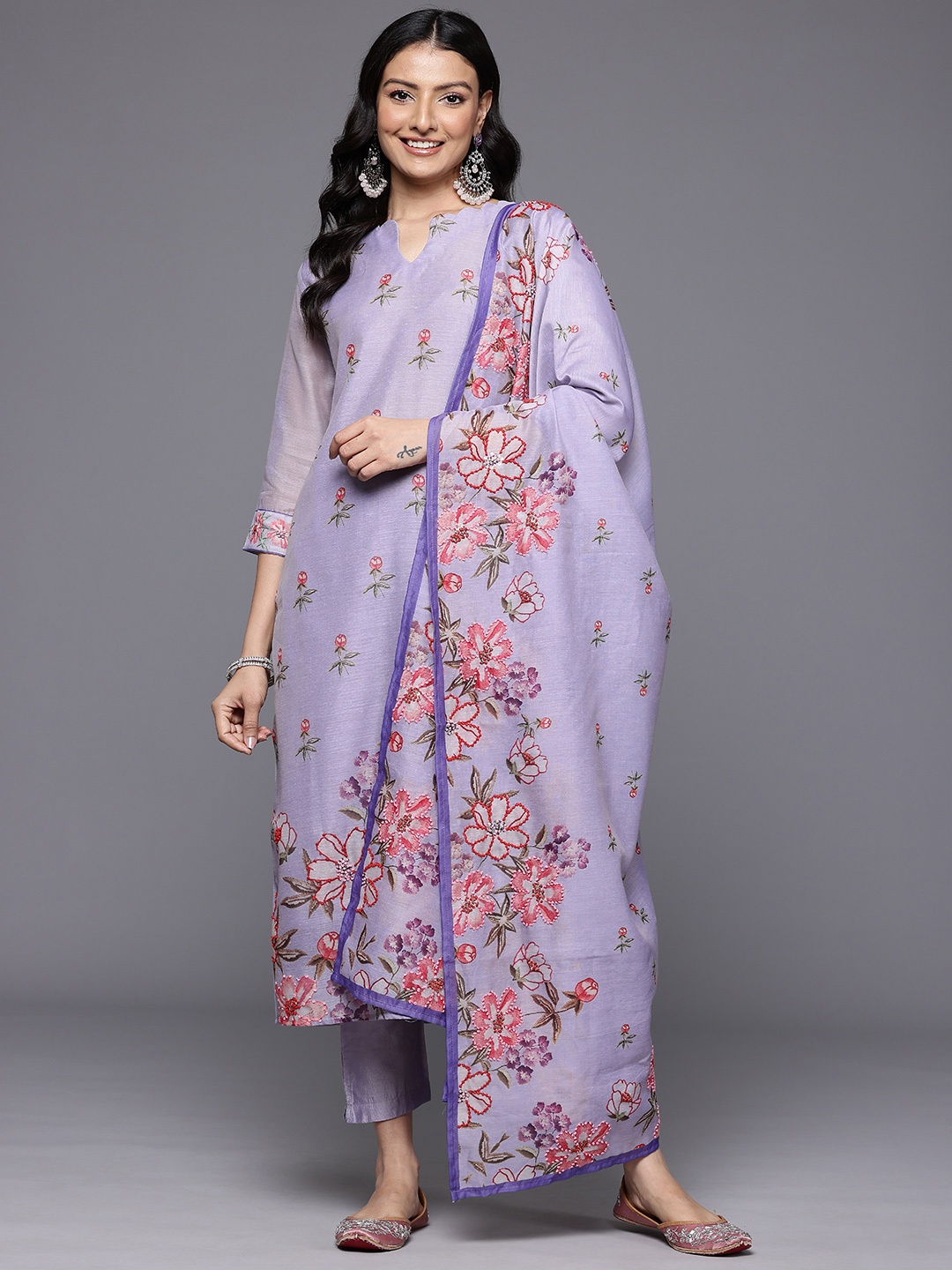 

Varanga Floral Embroidered Thread Work Chanderi Silk Kurta With Trousers & Dupatta, Lavender