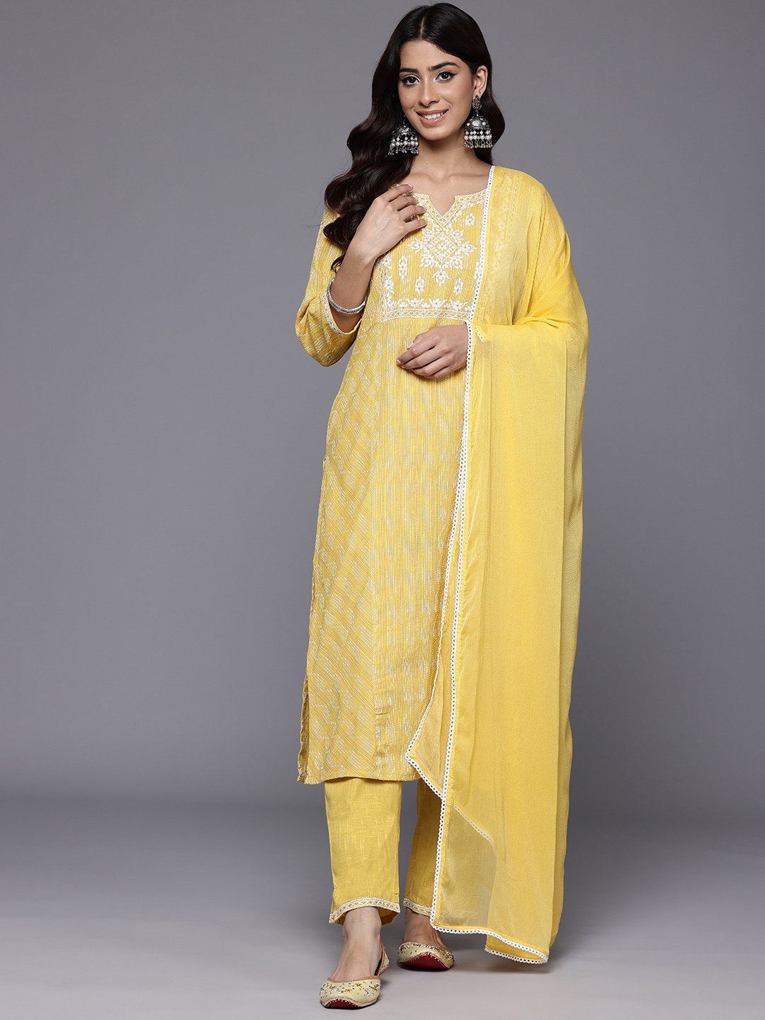 

Varanga Women Regular Thread Work Kurta with Trousers & With Dupatta, Yellow