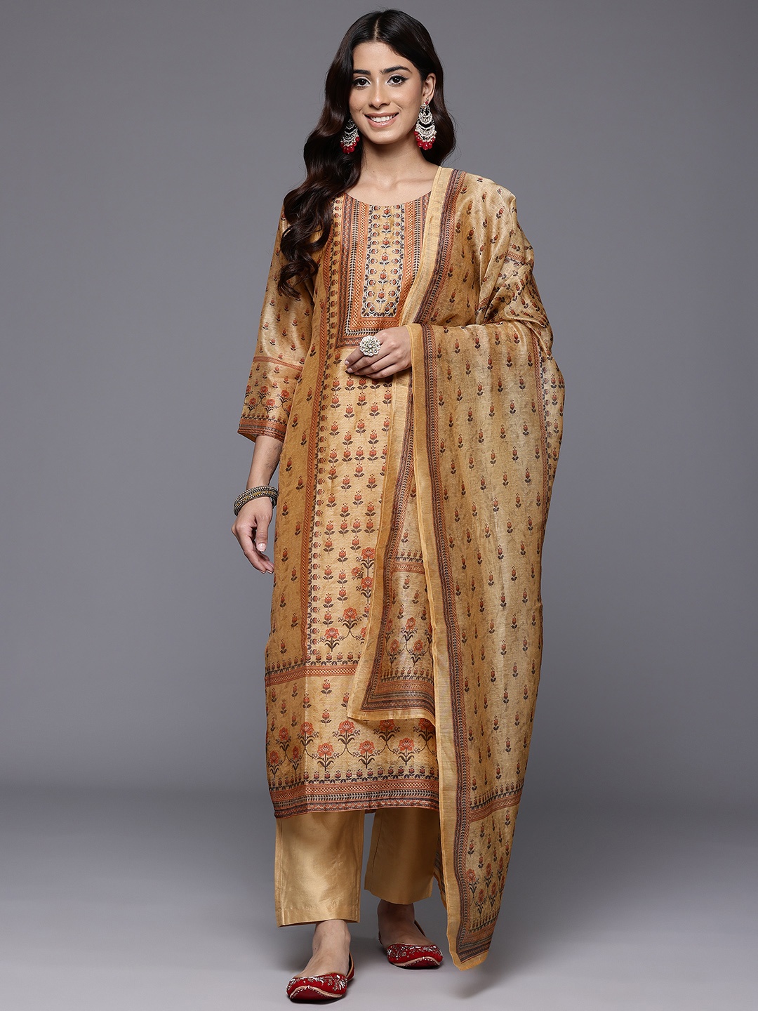 

Varanga Women Floral Printed Regular Chanderi Silk Kurta With Trousers & Dupatta, Mustard