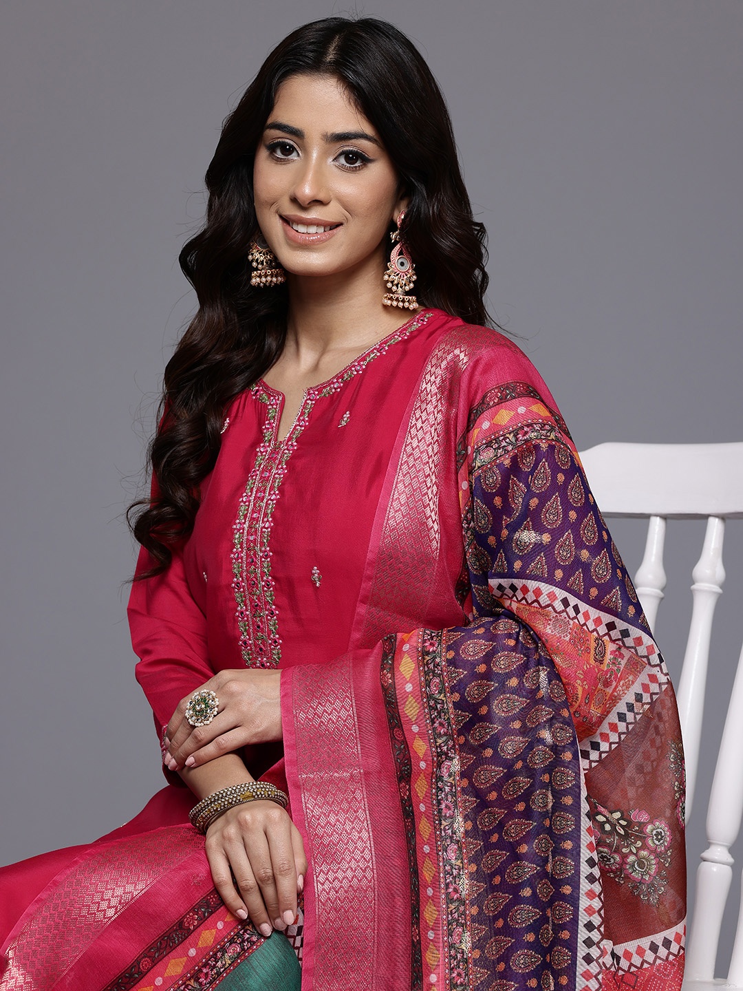 

Varanga Thread & Zari Embroidered Kurta with Trouser & Ethnic Printed Dupatta, Pink