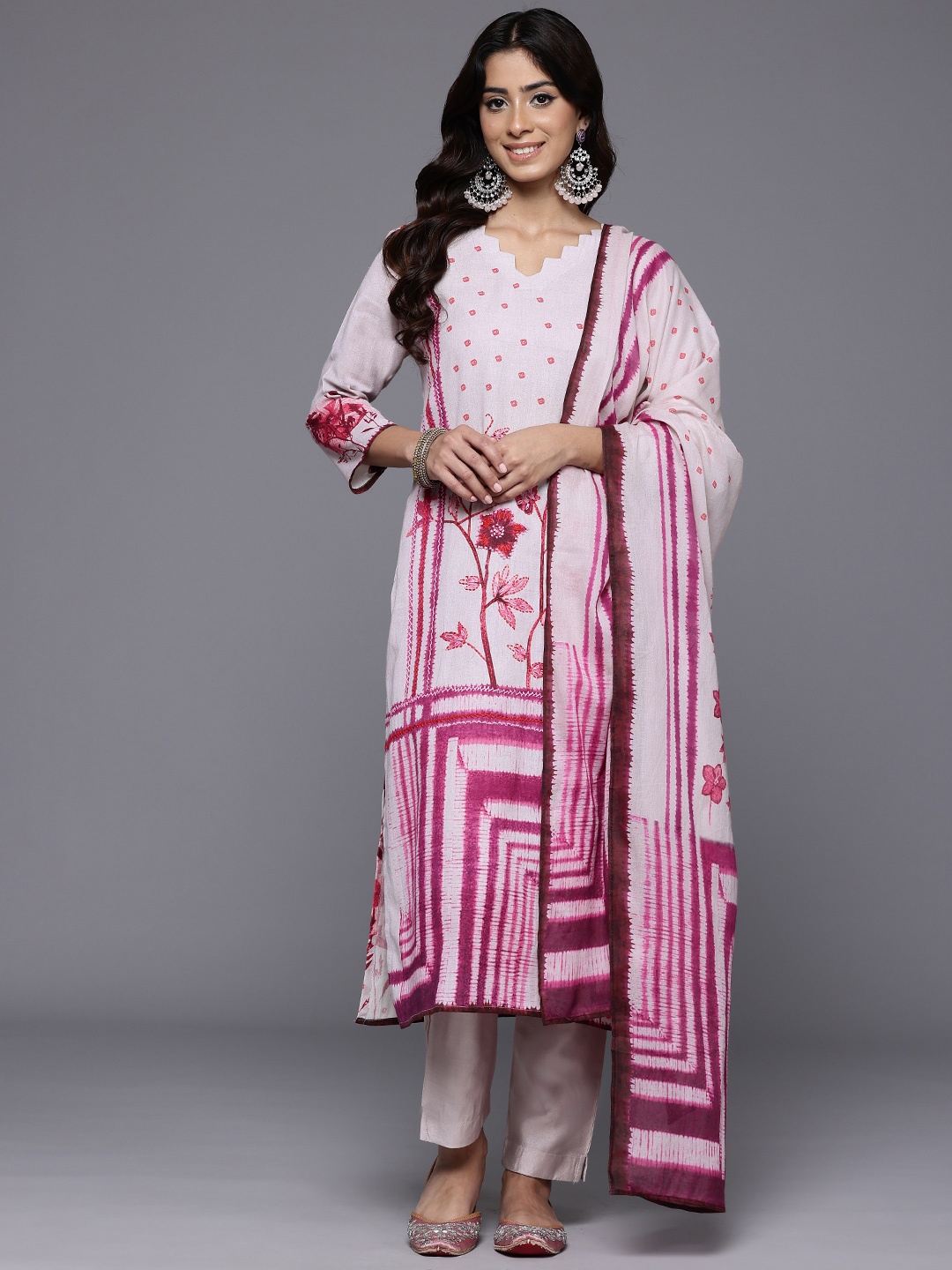 

Varanga Women Floral Printed Regular Thread Work Pure Cotton Kurta with Trousers & Dupatta, Pink