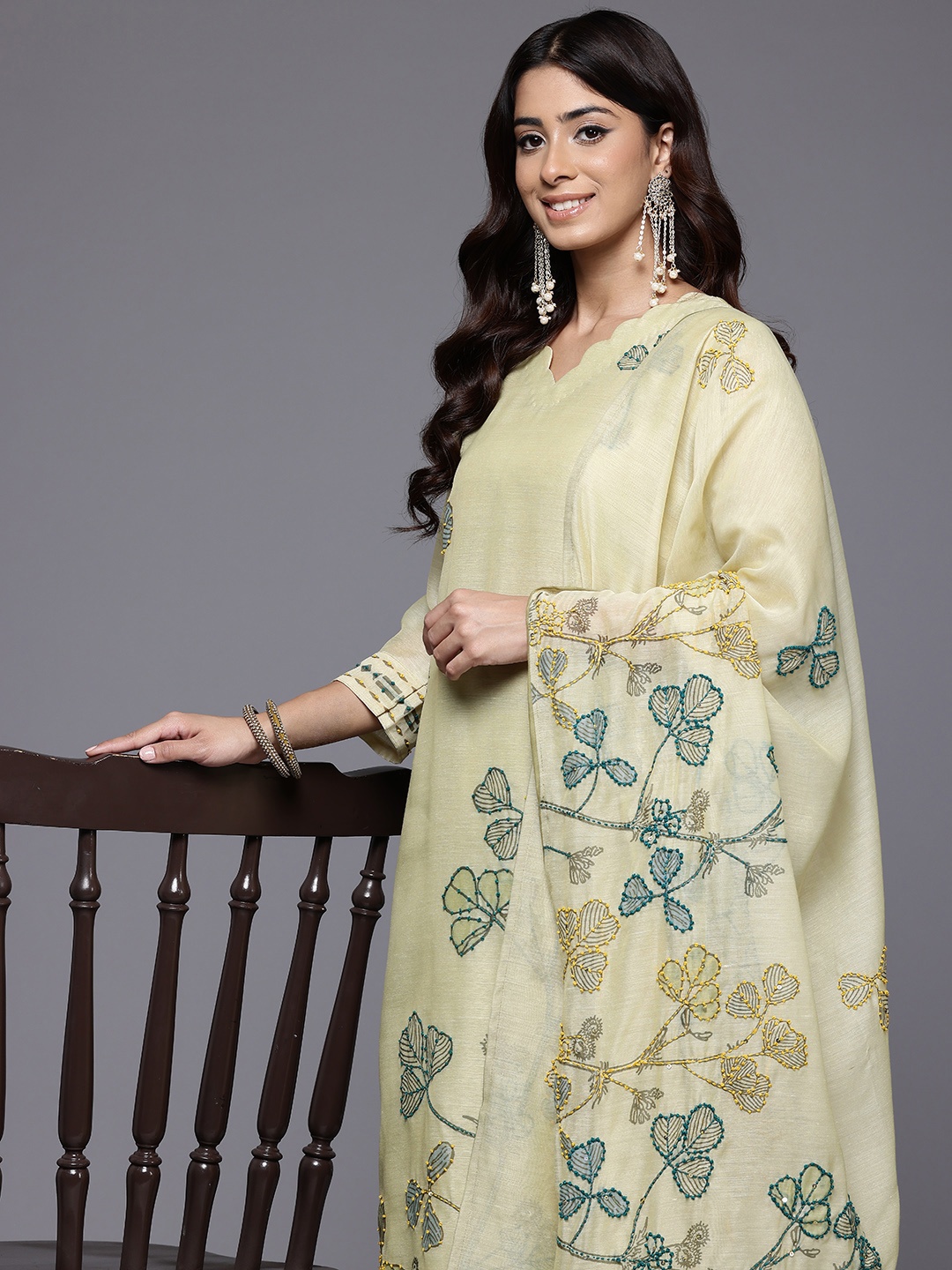 Varanga Women Floral Embroidered Thread Work Chanderi Cotton Kurta with Trousers & Dupatta, Olive