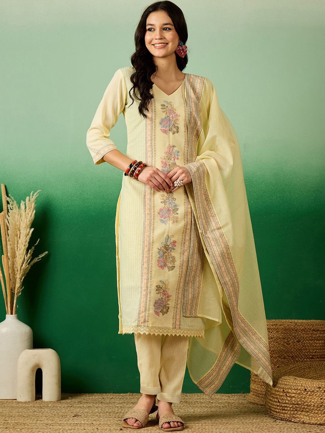 

Sangria Floral Printed V-Neck Straight Kurta With Trouser & Dupatta, Yellow