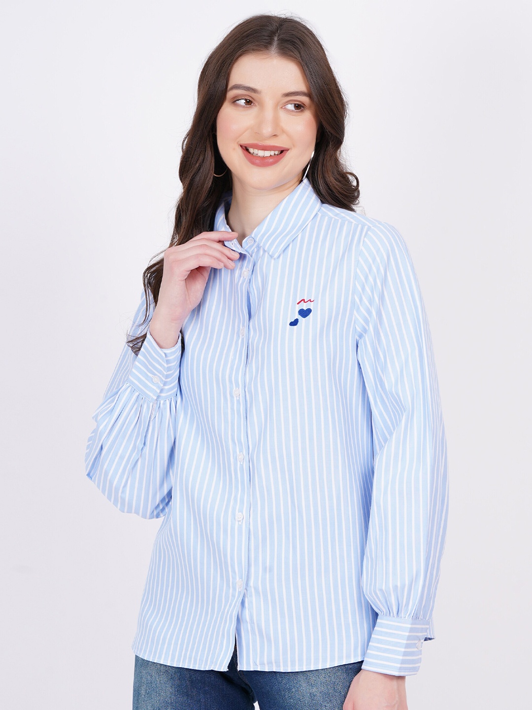 

MINGLAY Relaxed Vertical Stripes Spread Collar Long Sleeves Casual Shirt, Blue