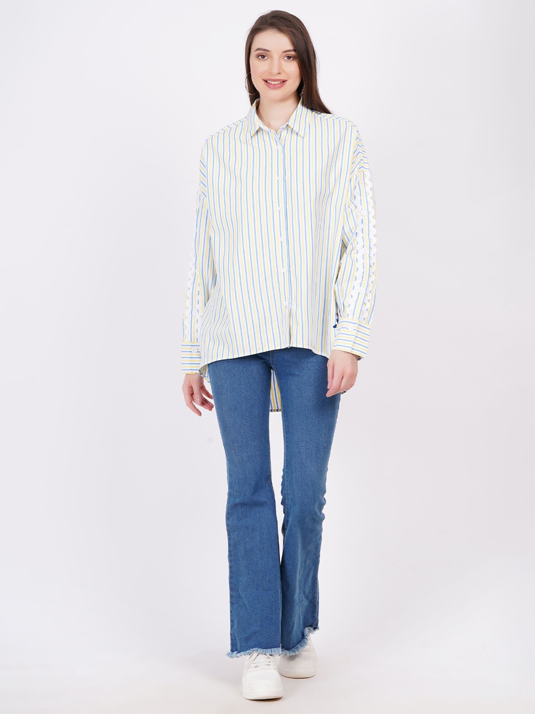 

MINGLAY Relaxed Fit Striped Spread Collar Long Sleeves Casual Shirt, Turquoise blue