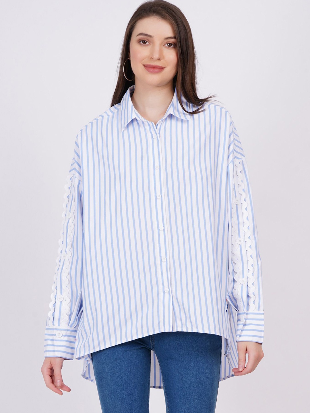 

MINGLAY Relaxed Vertical Stripes Spread Collar Long Sleeves Casual Shirt, Blue