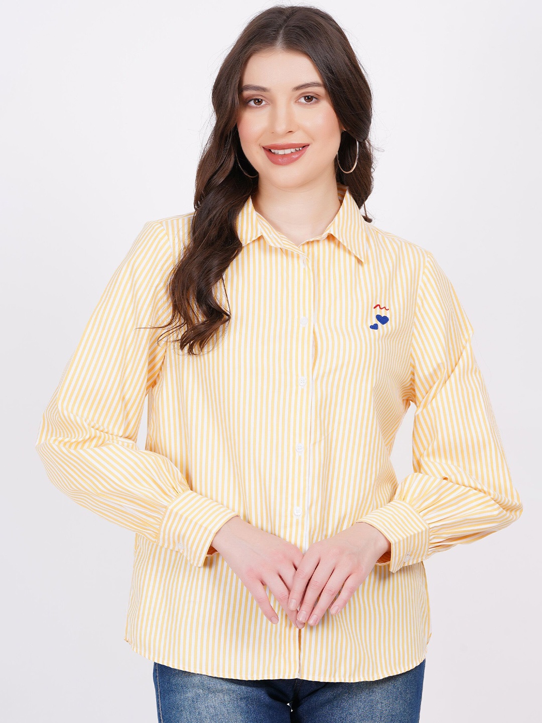 

MINGLAY Relaxed Fit Striped Spread Collar Long Sleeves Casual Shirt, Yellow