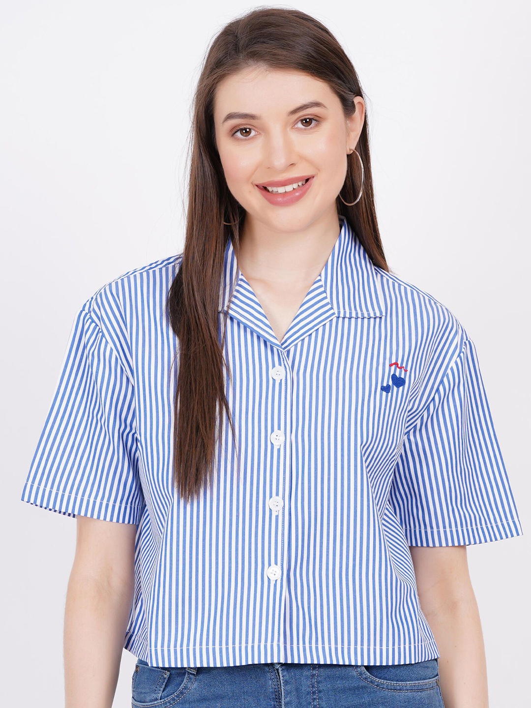 

MINGLAY Relaxed Vertical Stripes Spread Collar Short Sleeves Casual Shirt, Blue