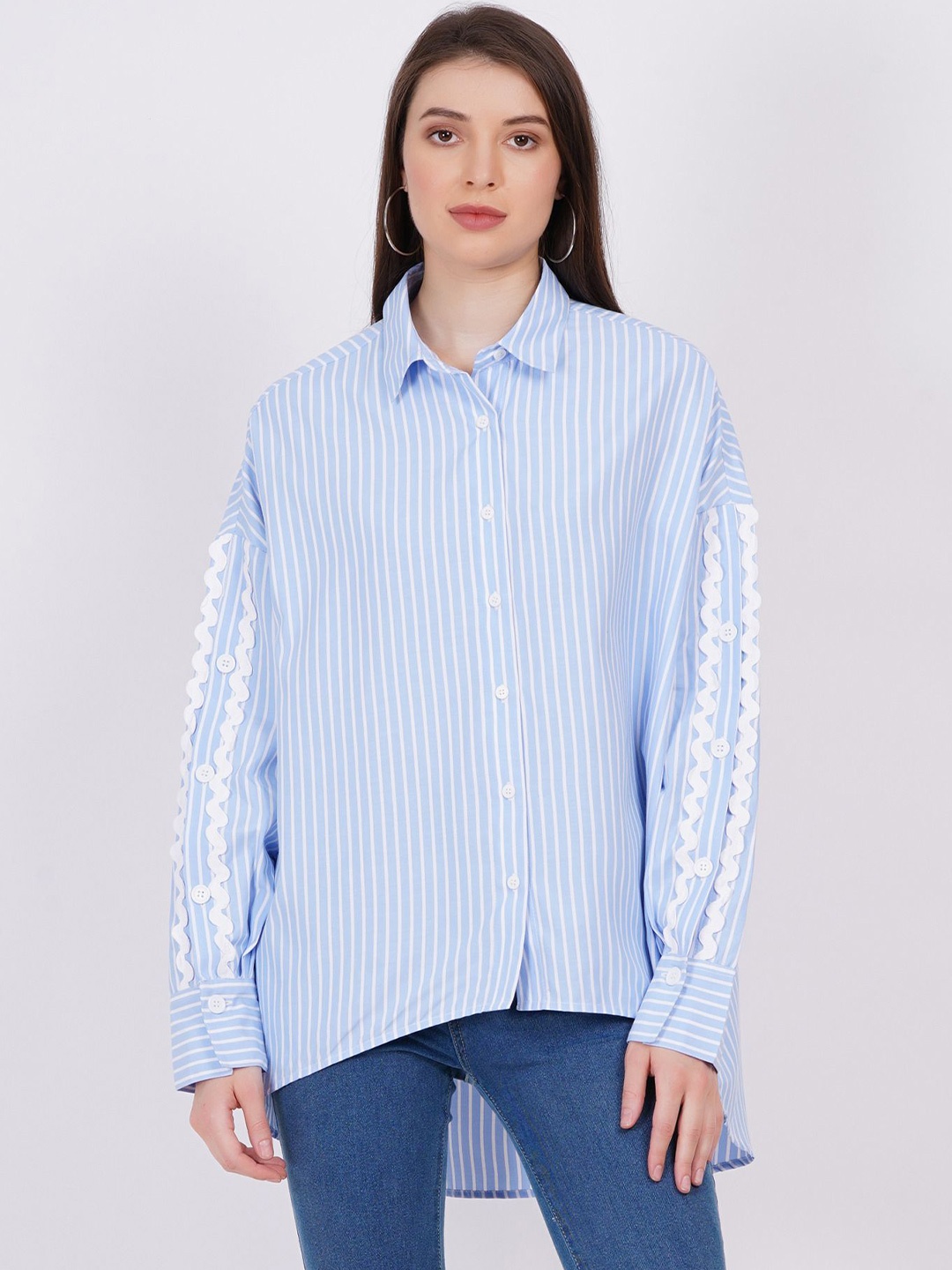 

MINGLAY Relaxed Vertical Stripes Spread Collar Long Sleeves Casual Shirt, Blue