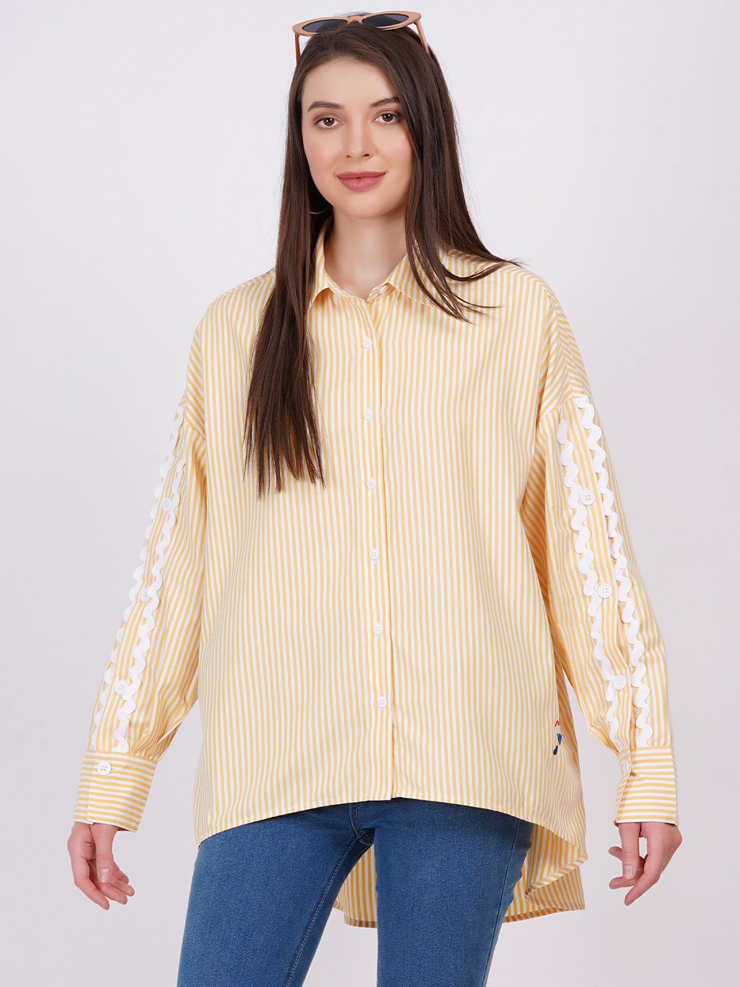 

MINGLAY Relaxed Vertical Stripes Spread Collar Long Sleeves Casual Shirt, Yellow