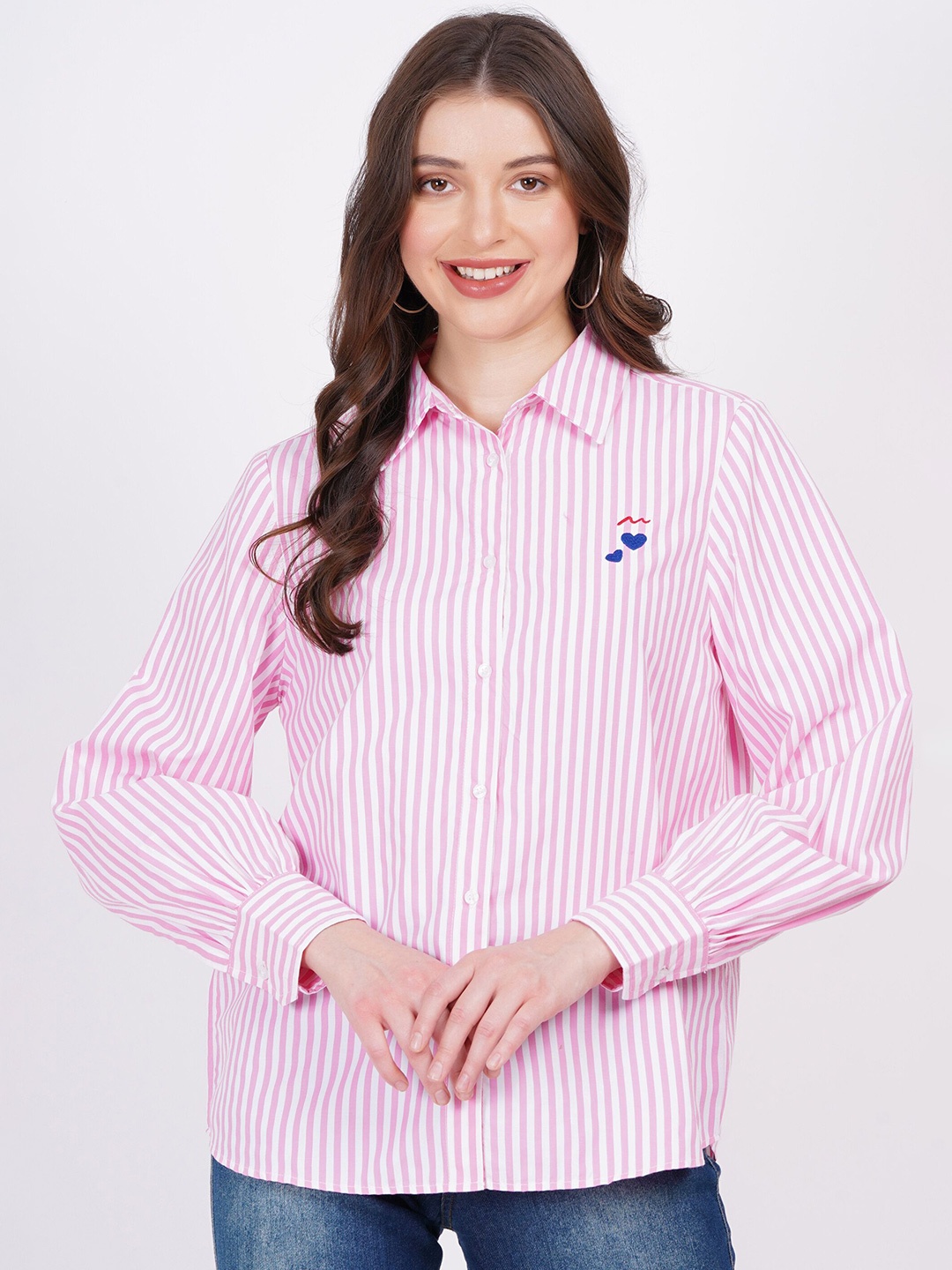 

MINGLAY Relaxed Fit Striped Spread Collar Long Sleeves Casual Shirt, Pink