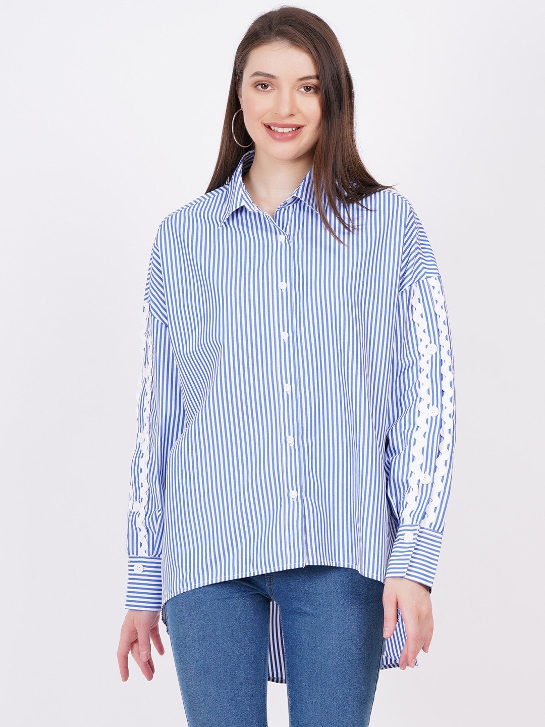 

MINGLAY Relaxed Fit Striped Spread Collar Long Sleeves Casual Shirt, Navy blue