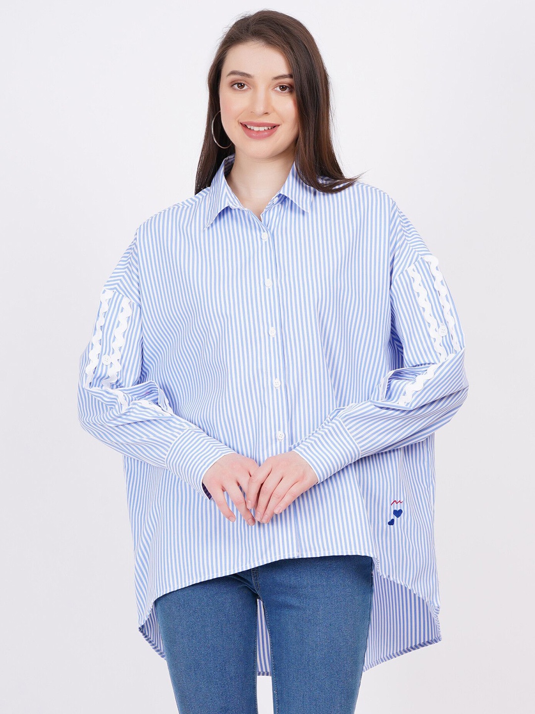 

MINGLAY Relaxed Vertical Stripes Spread Collar Long Sleeves Casual Shirt, Blue