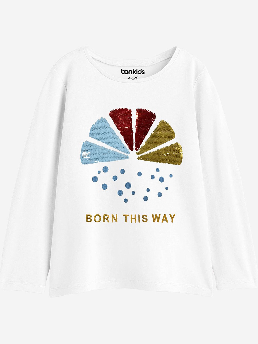 

BONKIDS Girls Round Neck Long Sleeves Sequence Embroidery Applique T-shirt, White