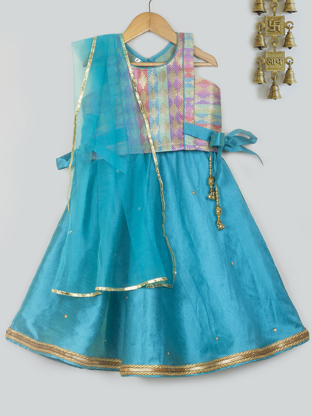 

Tangerine Closet Girls Woven Design Gotta Patti Zari Lace Ready to Wear Lehenga Choli, Turquoise blue