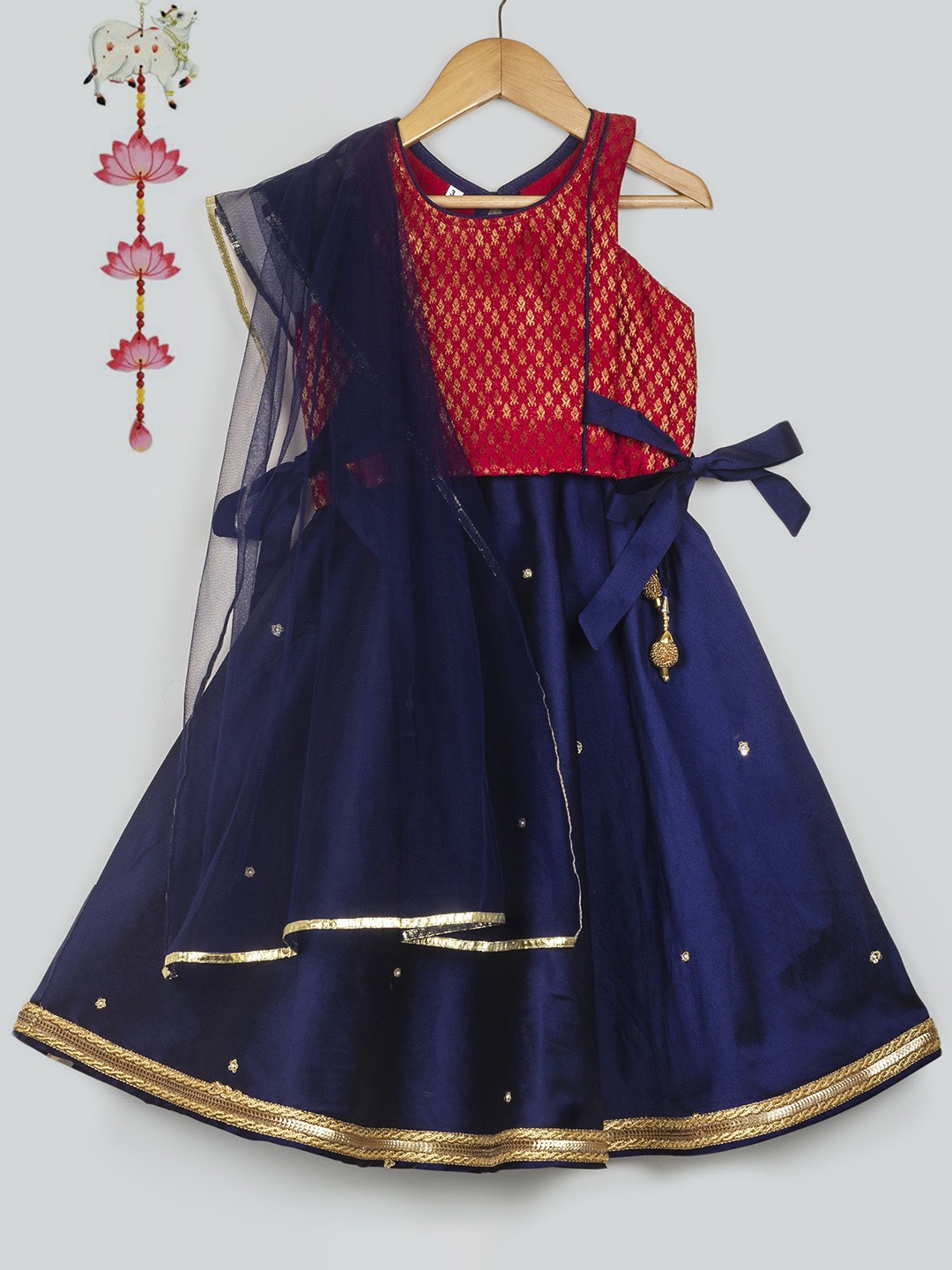 

Tangerine Closet Girls Woven Design Gotta Patti Zari Lace Ready to Wear Lehenga Choli, Navy blue