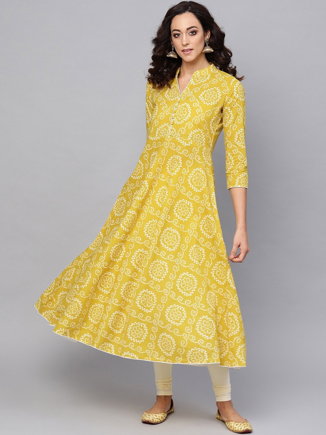 

KALINI Bandhani Printed Mandarin Collar Cotton A-Line Kurta, Mustard