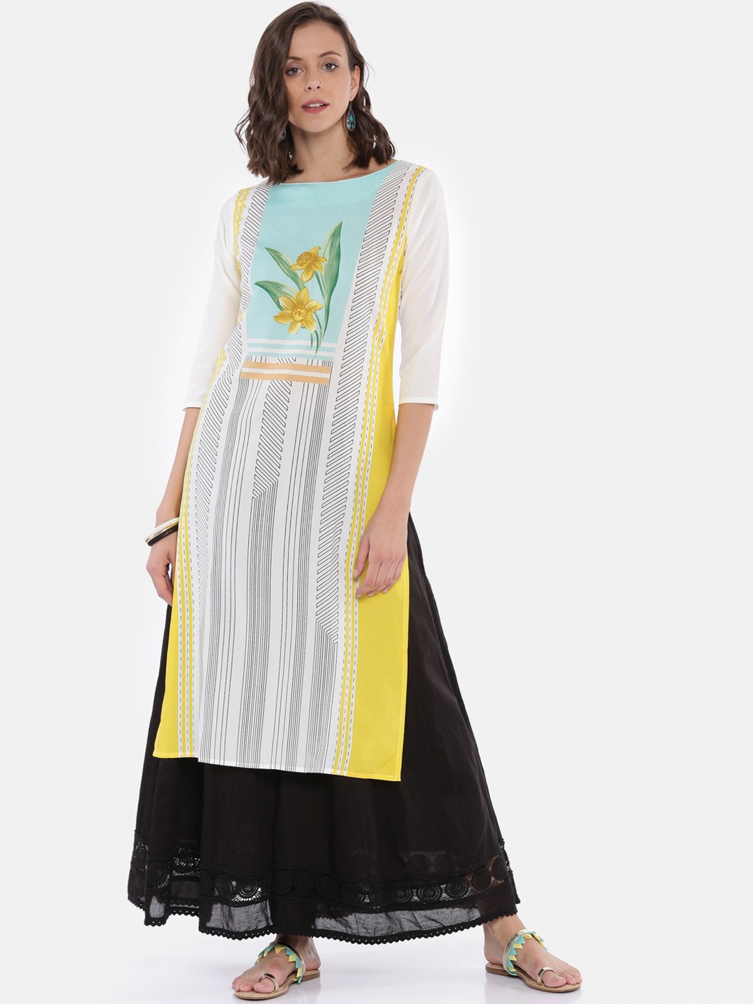 

KALINI Women Colourblocked Thread Work Kurta, White