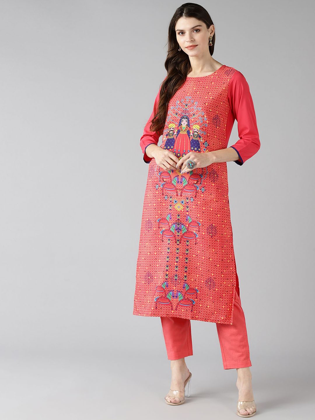 

KALINI Round Neck Ethnic Embroidered Straight Kurta, Pink