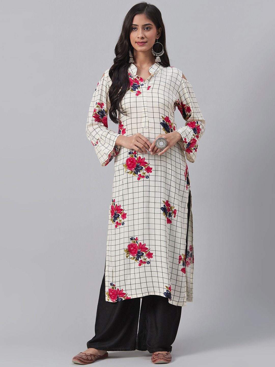 

KALINI Checked Floral Cold-Shoulder Sleeves Cotton Straigth Kurta, Off white