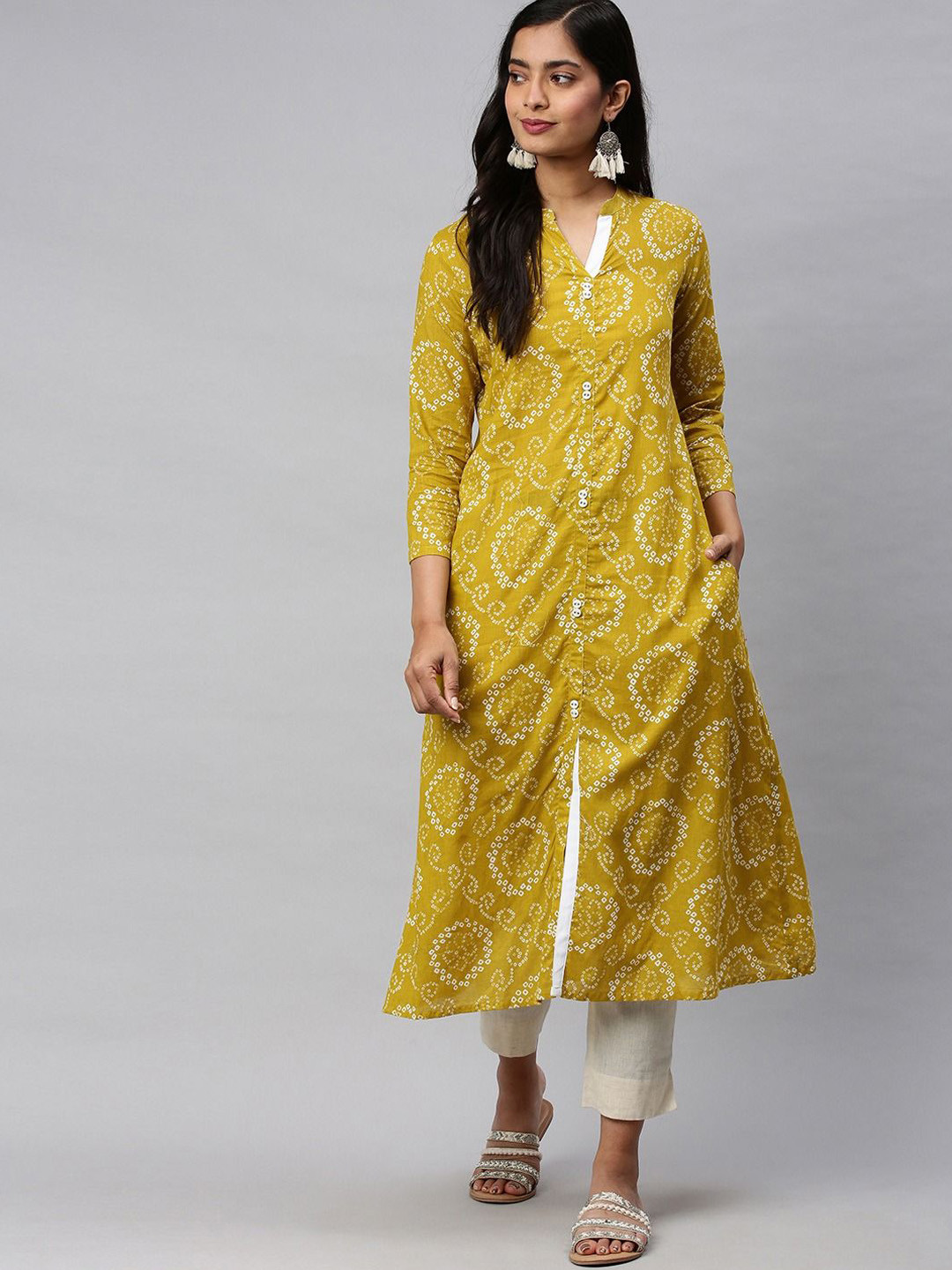 

KALINI Bandhani Printed Mandarin Collar Cotton A-Line Kurta, Mustard