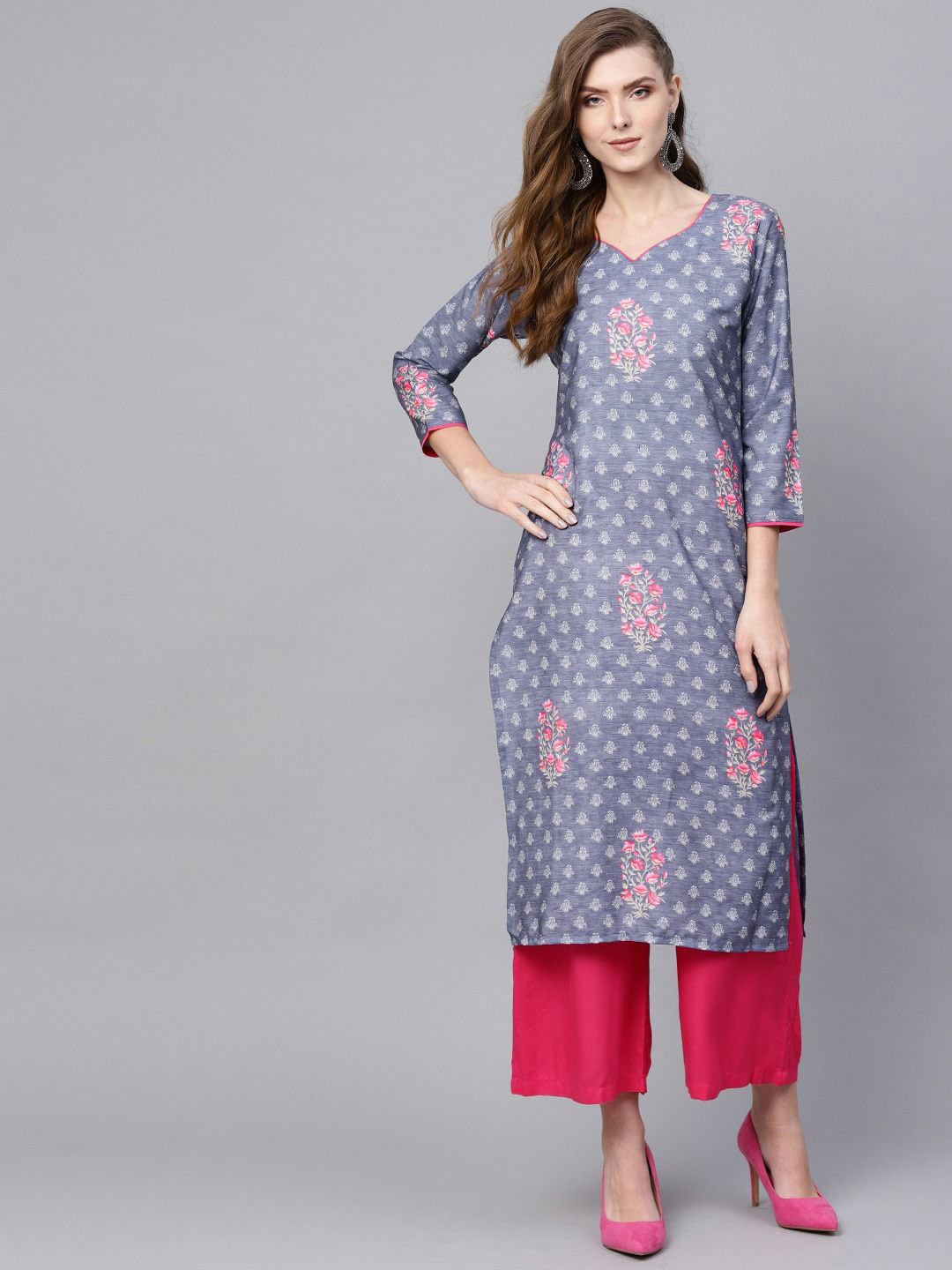 

KALINI Floral Printed V-Neck Straight Kurta, Grey