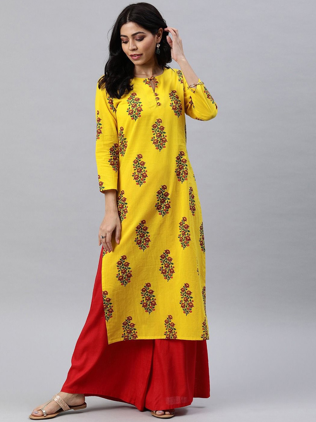 

KALINI Floral Printed Keyhole Neck Cotton Straight Kurta, Yellow