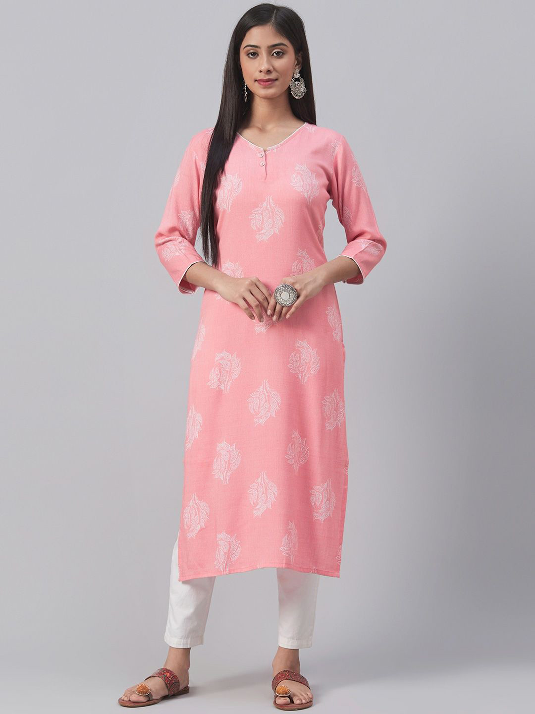 

KALINI Floral Printed Cotton Straight Kurta, Pink