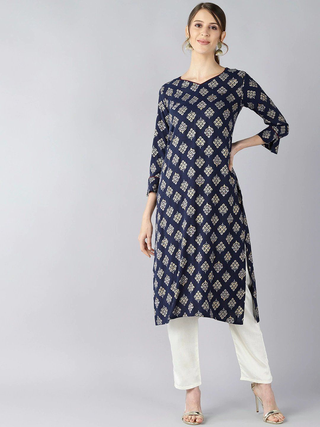 

KALINI Ethnic Motifs Printed V-Neck Cotton Straight Kurta, Navy blue