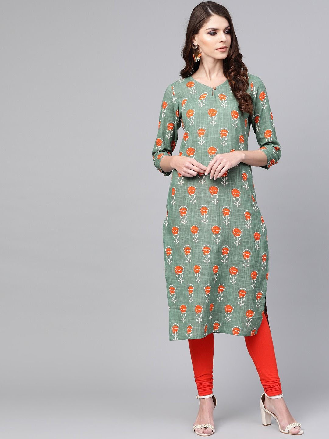 KALINI V Neck Floral Printed Cotton Straight Kurta, Green