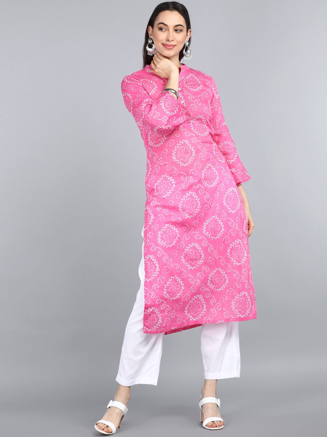 

KALINI Bandhani Printed Cotton Straight Kurta, Pink