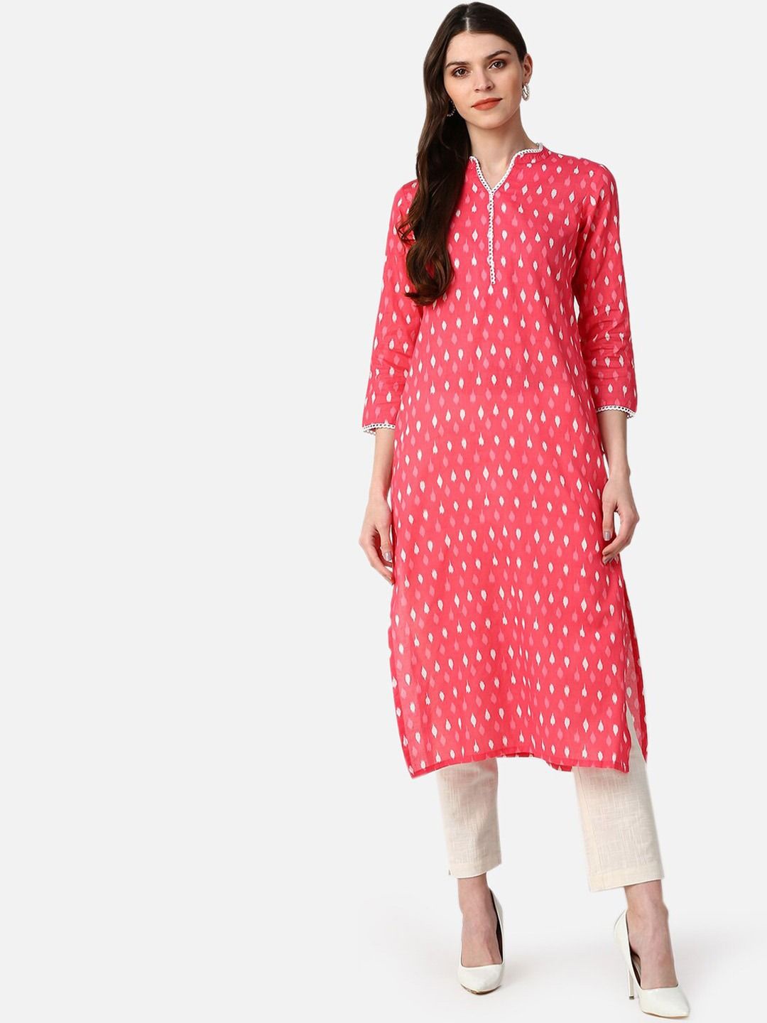 

KALINI Geometric Printed Mandarin Collar Cotton Straight Kurta, Pink