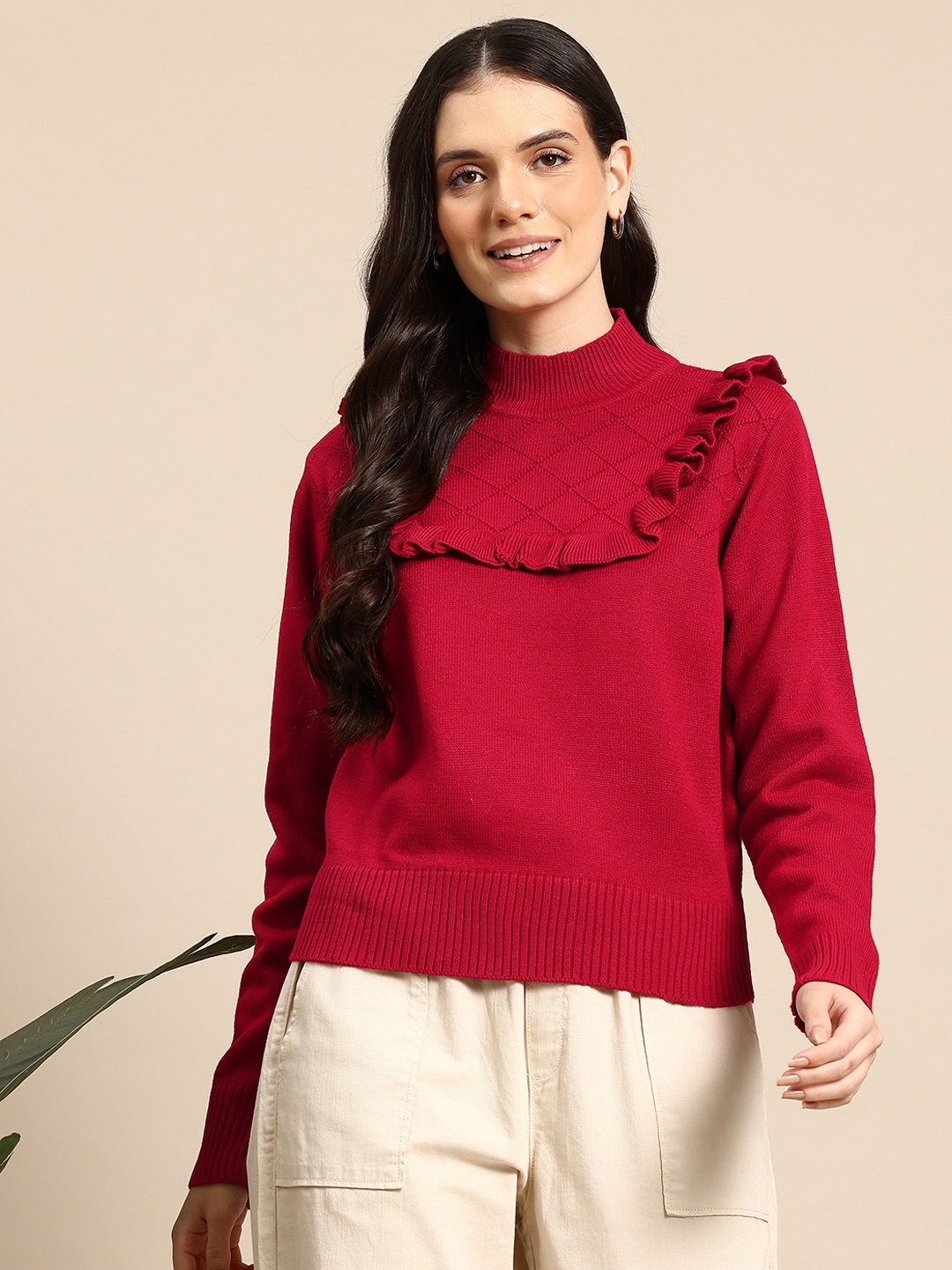 

Mast & Harbour Ruffled Detail High Neck Pullover, Maroon