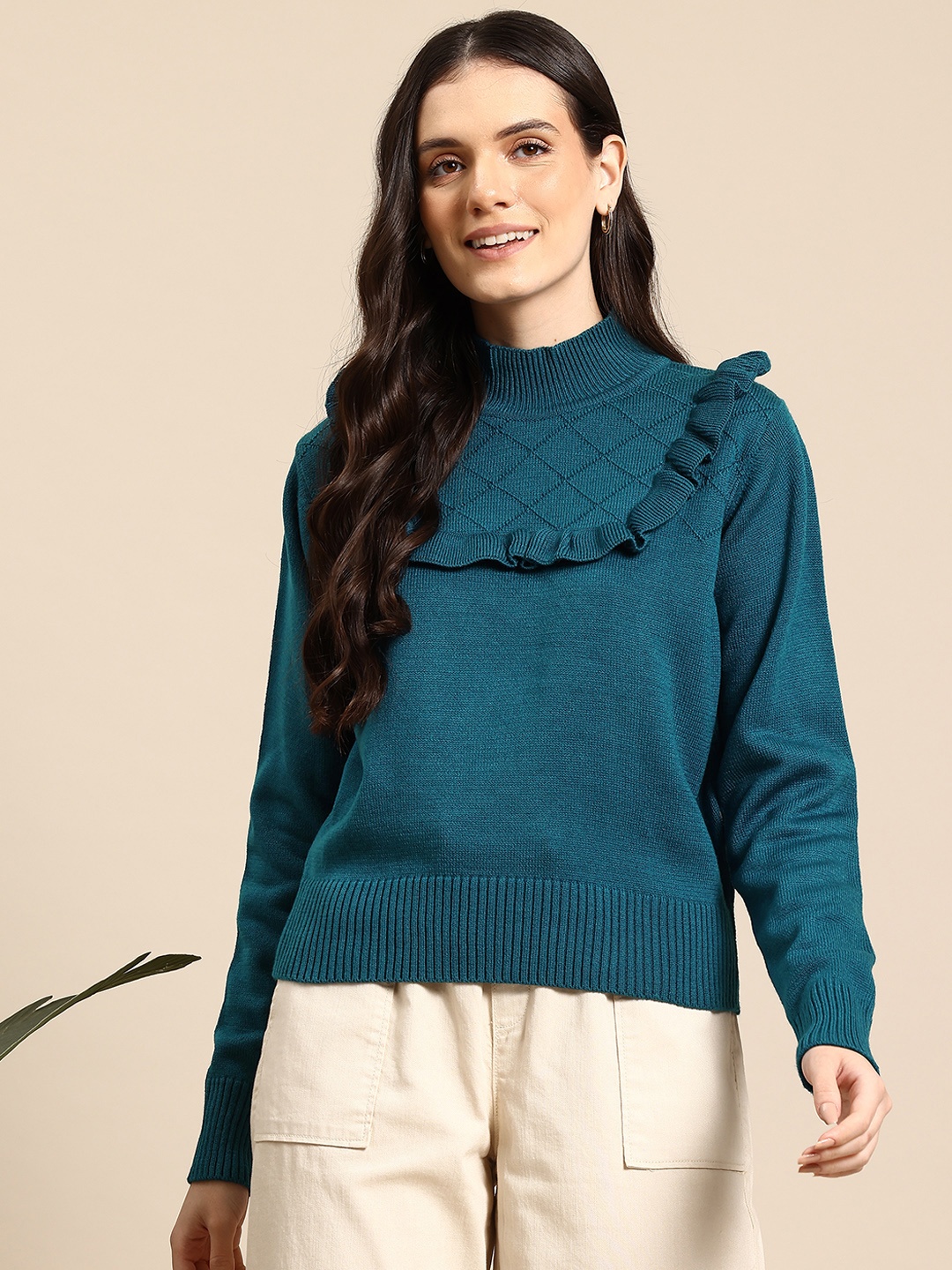 

Mast & Harbour Ruffled Detail High Neck Pullover, Teal