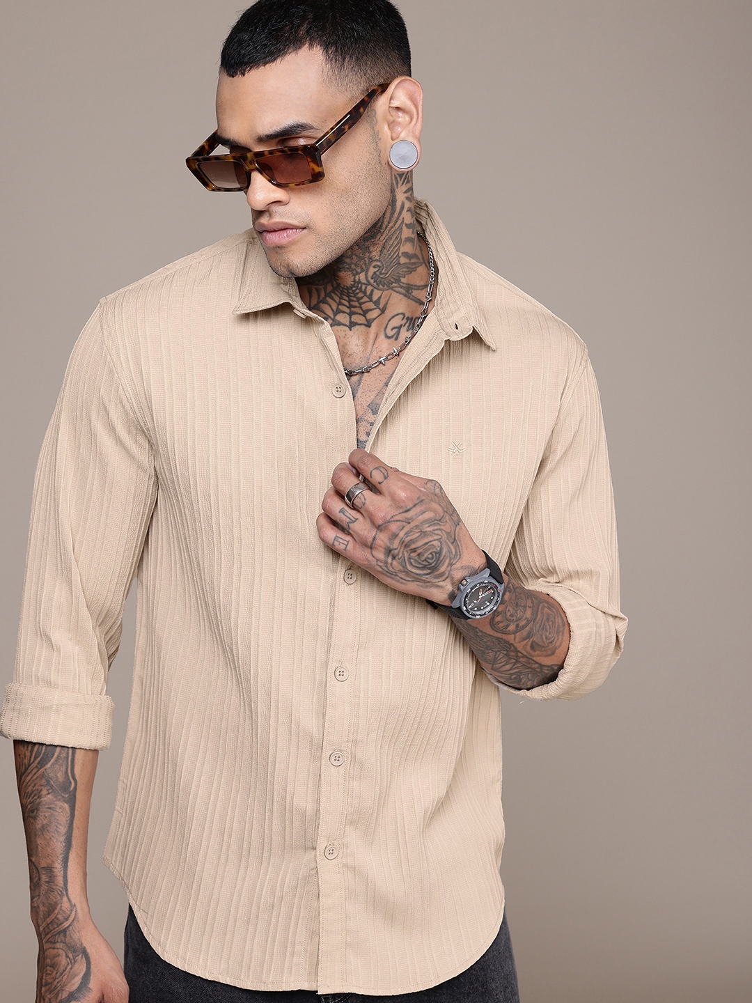 

WROGN Comfort Self Striped Casual Shirt, Beige