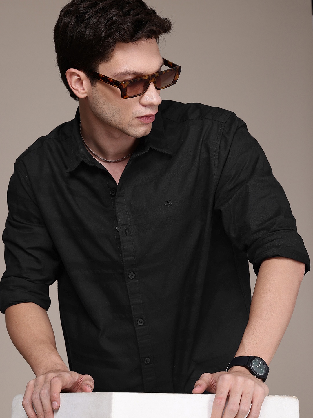 

WROGN Comfort Self Striped Pure Cotton Casual Shirt, Black