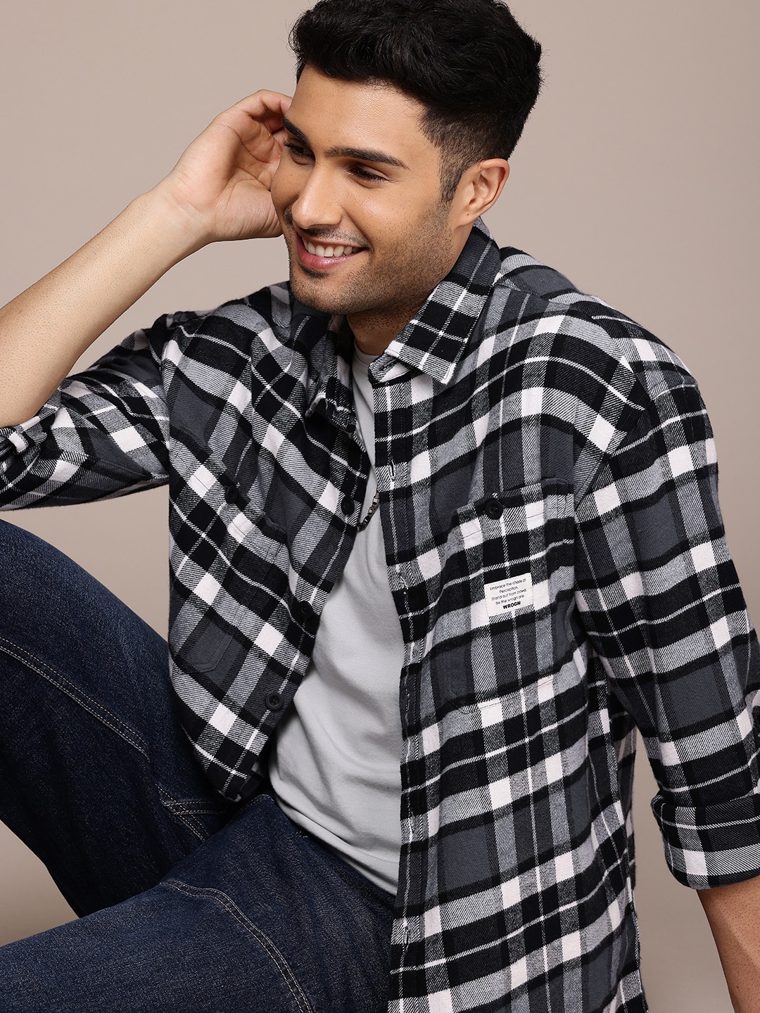 WROGN Opaque Checked Pure Cotton Oversized Shirt, Black