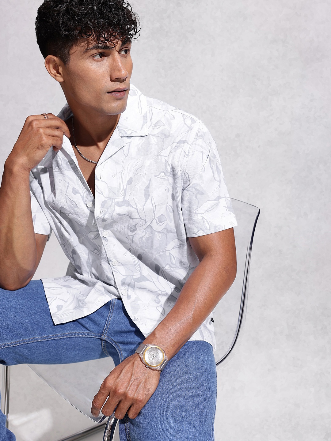 

WROGN Tropical Printed Resort Fit Casual Shirt, Grey