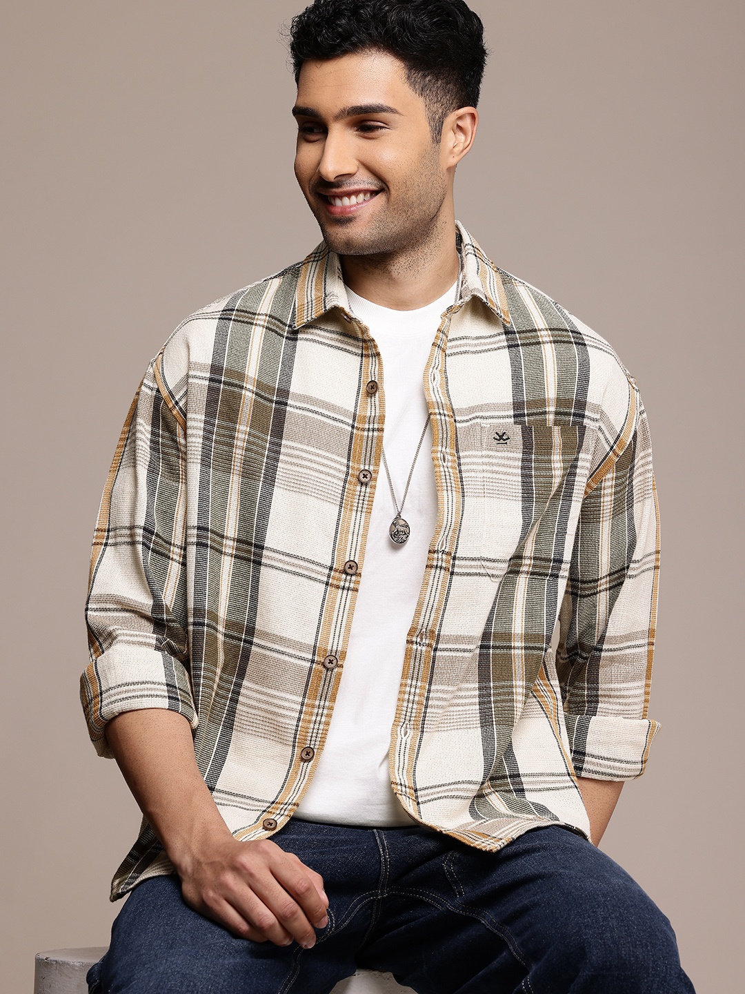 

WROGN Pure Cotton Checked Knitted Oversized Fit Casual Shirt, Multi