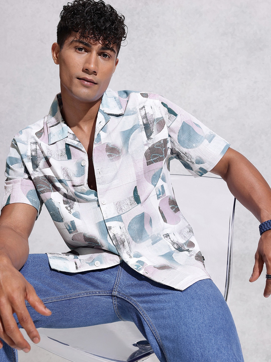 WROGN Abstract Printed Resort Fit Casual Shirt, White