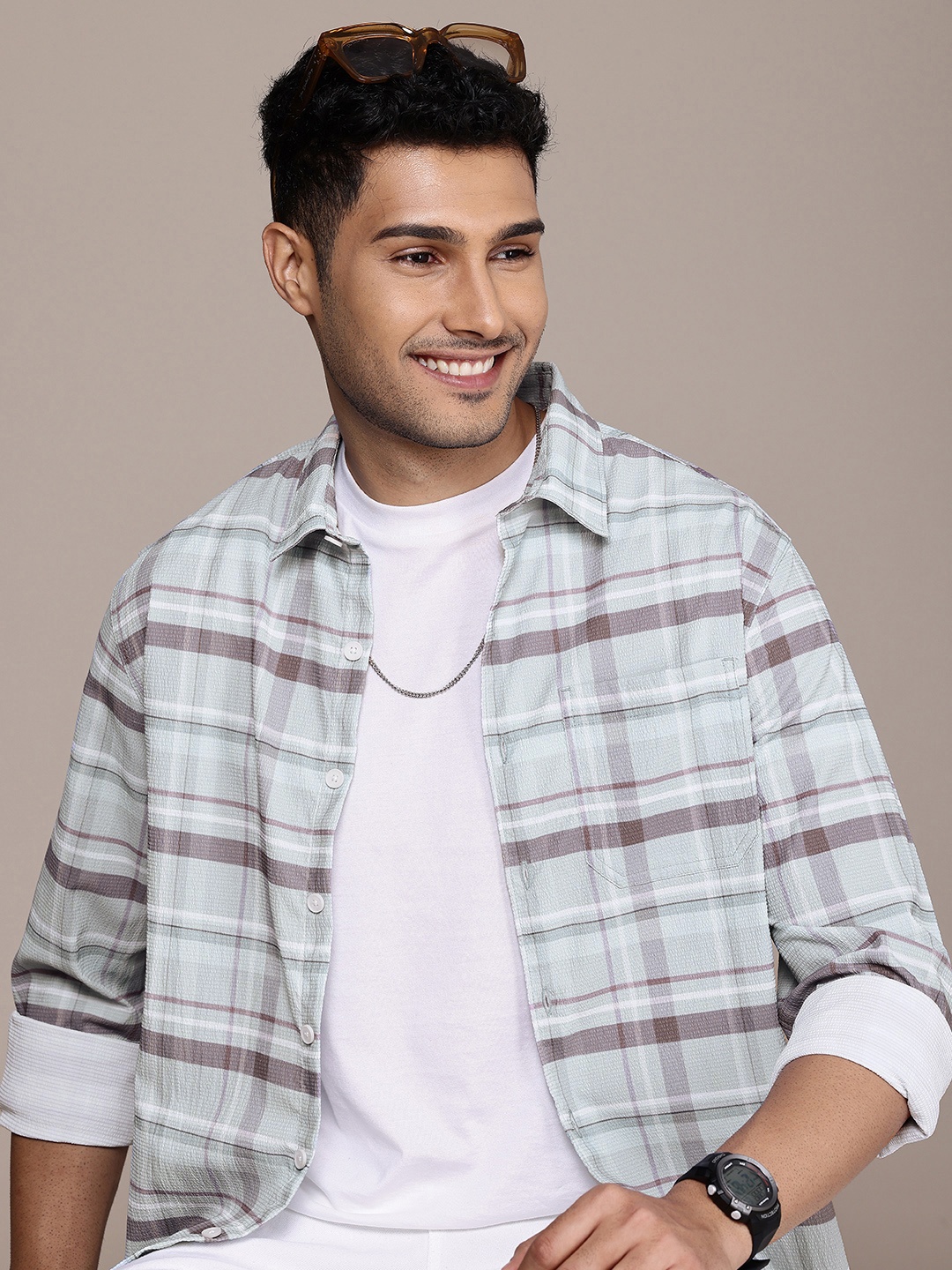 

WROGN Checked Drop-Shoulder Relaxed Fit Casual Shirt, Blue