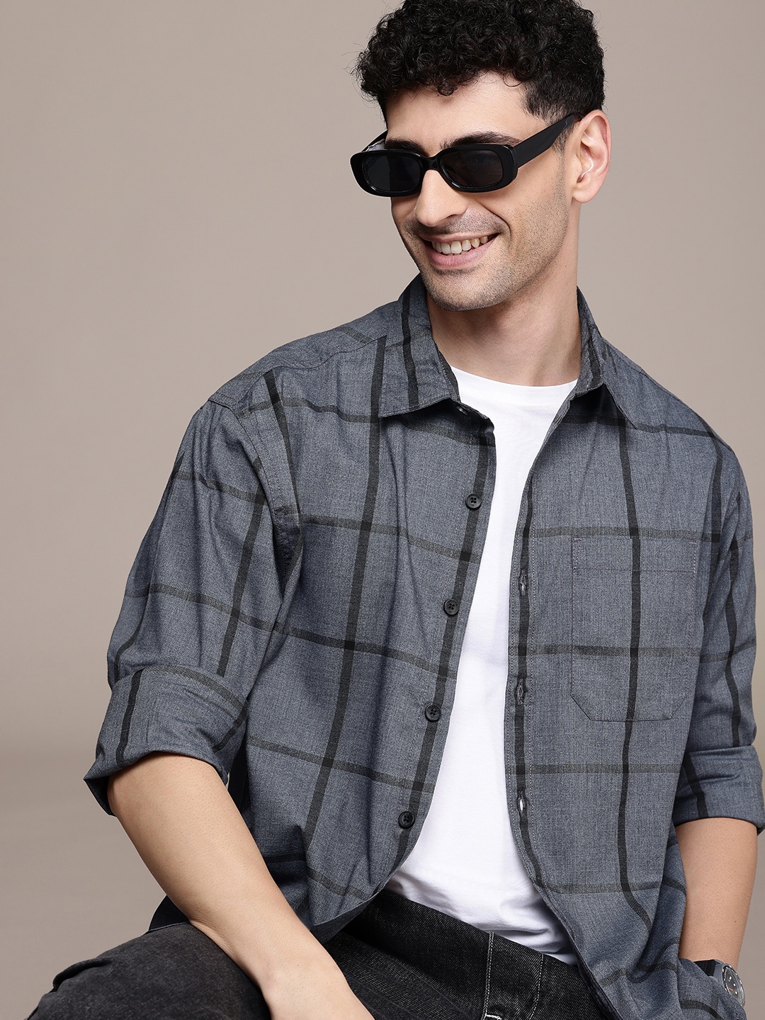 

WROGN Pure Cotton Comfort Fit Windowpane Checked Casual Shirt, Grey