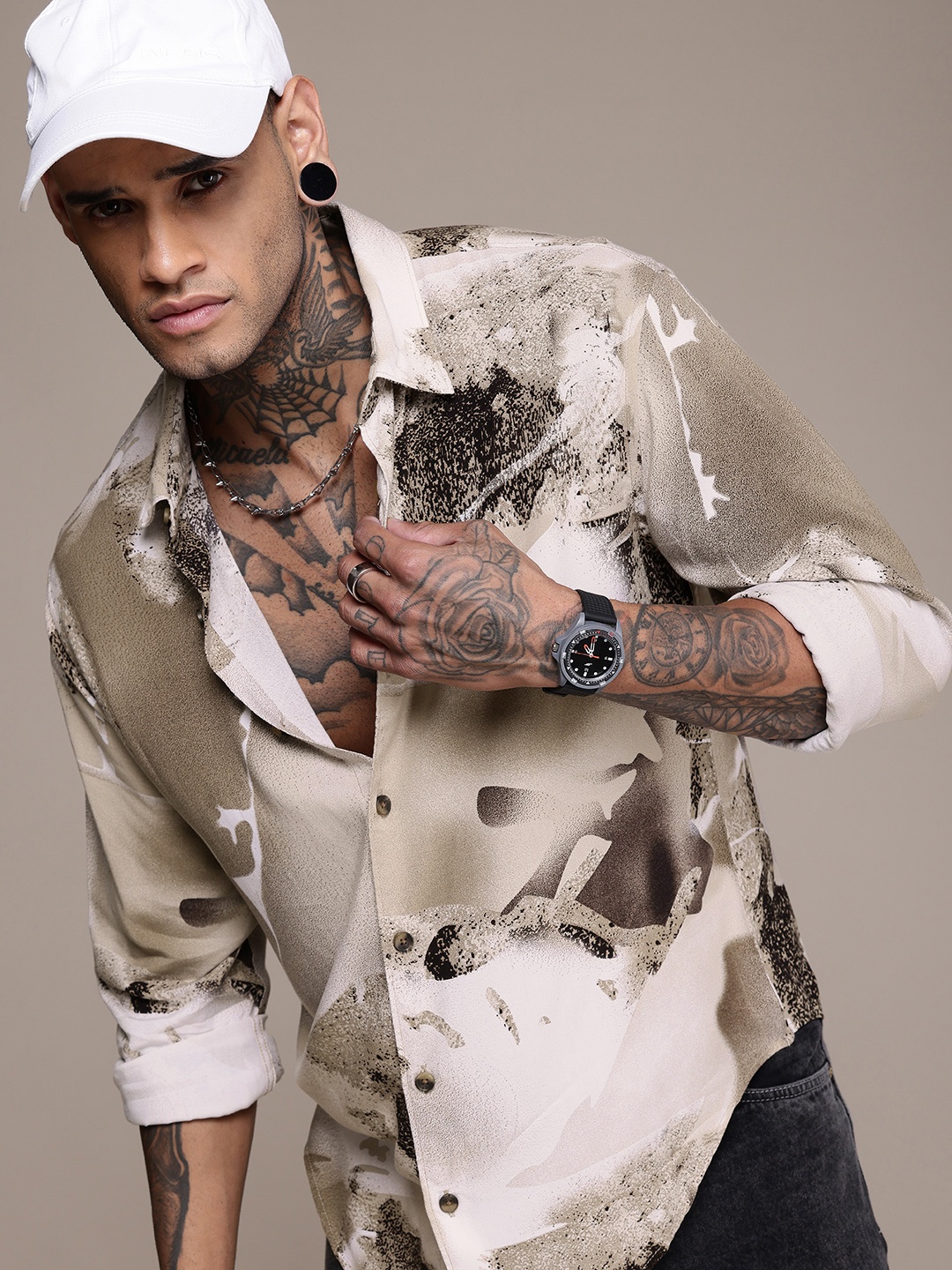 

WROGN Comfort Abstract Printed Casual Shirt, Taupe