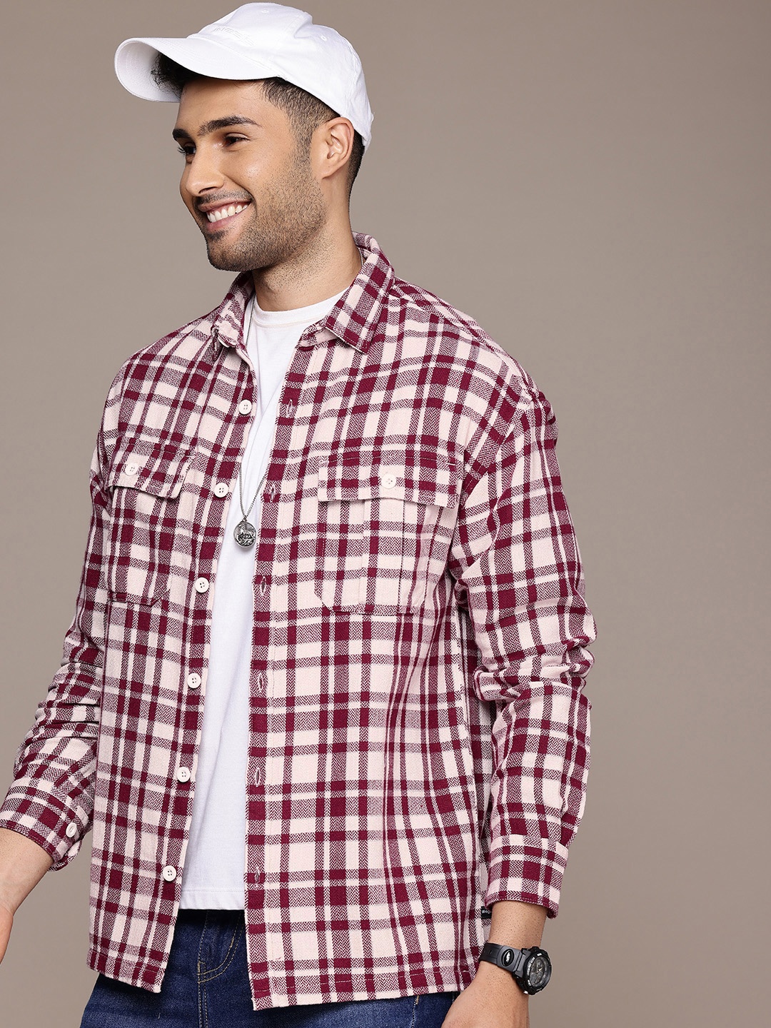 WROGN Drop-Shoulder Sleeves Checked Oversized Knitted Shirt, Maroon