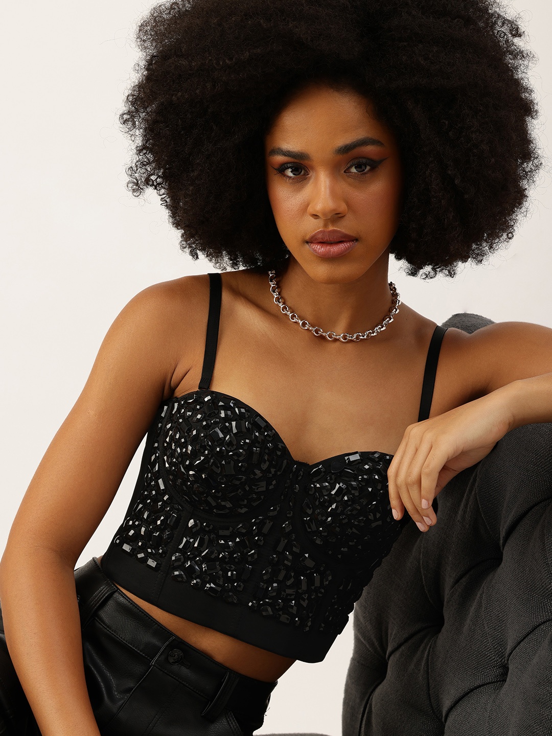 

bebe Embellished Stone Studded Bralette Crop Corset Top With Removable Straps, Black