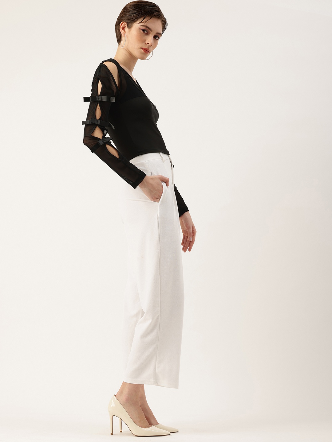 

bebe Bow Detail Cut-Out Sleeves Fitted Top, Black