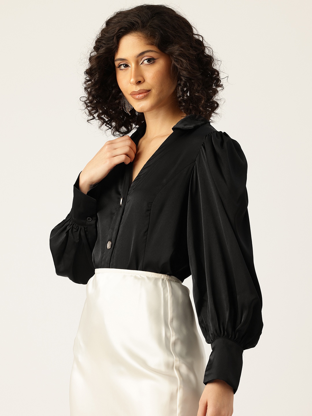 

bebe Season Staples Satin Casual Shirt, Black