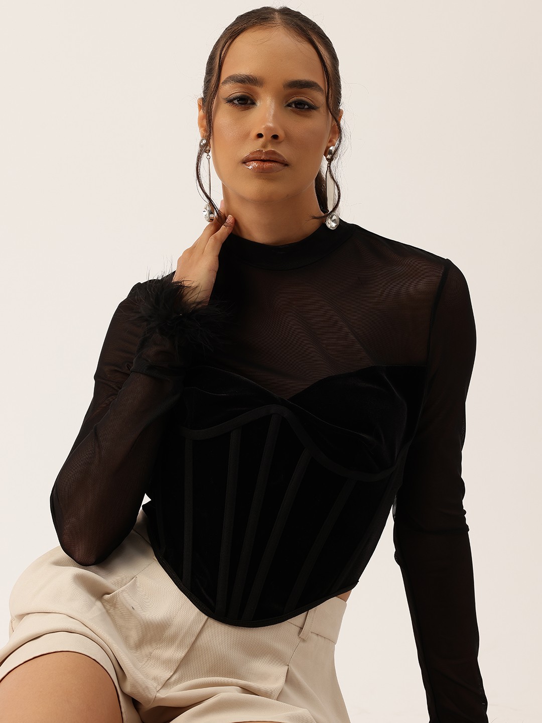 

bebe Future Glam Sheer Mesh Velvet Corset Top, Black